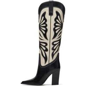 Women Black/white Pointed Toe Chunky High Heels Cowgirl Wide Calf Knee High Boot
